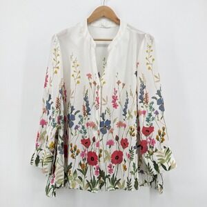 Cynthia Rowley 1X White Wildflower Floral Button Front V-Neck Blouse EUC Cottage